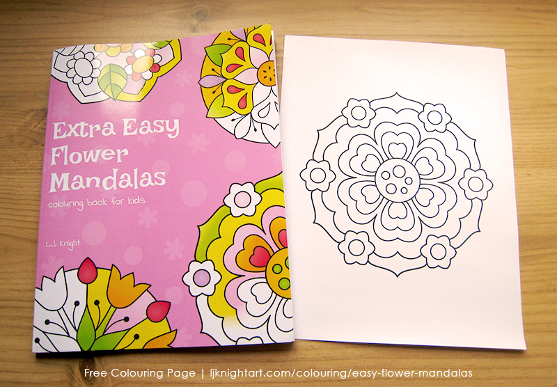 Free easy floral colouring page from the Extra Easy Flower Mandalas Colouring Book by L.J. Knight