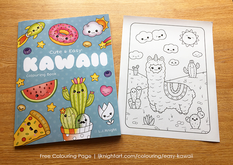 Free llama / llamacorn / alpaca colouring page from the Cute & Easy Kawaii Colouring Book by L.J. Knight
