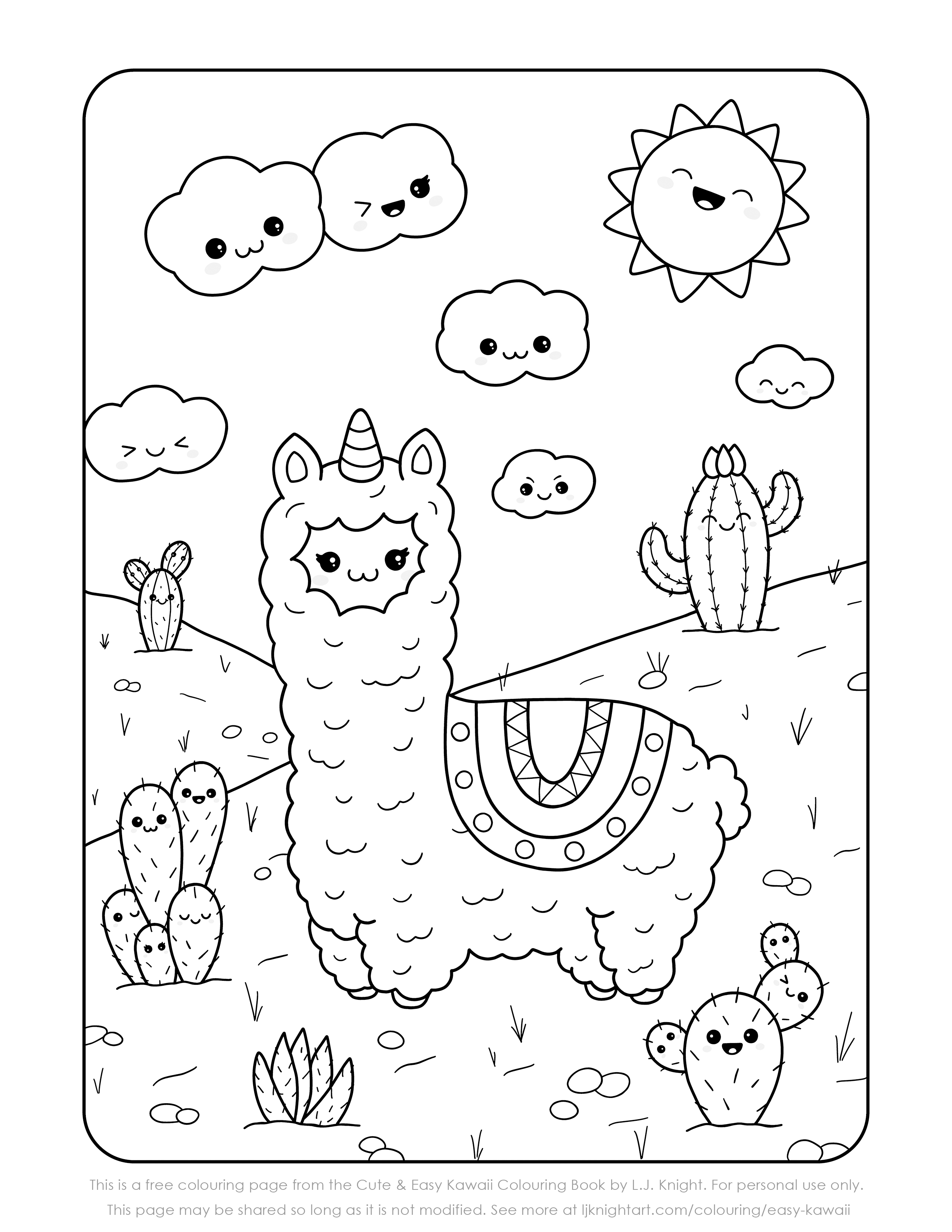 Free kawaii llamacorn printable colouring page, from the Cute & Easy