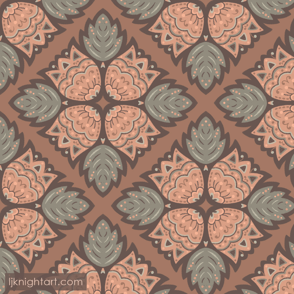 Folk art floral pattern with diamond flower motif in brown and green (Pantone Mocha Mousse), by L.J. Knight