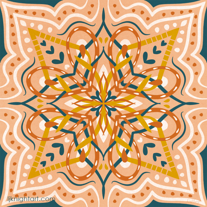 Abstract folk art mandala in brown, tan and teal green, by L.J. Knight