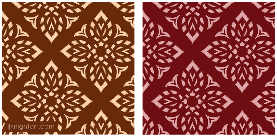 Abstract geometric diamond block print leaves pattern in brown, and burgundy red, by L.J. Knight