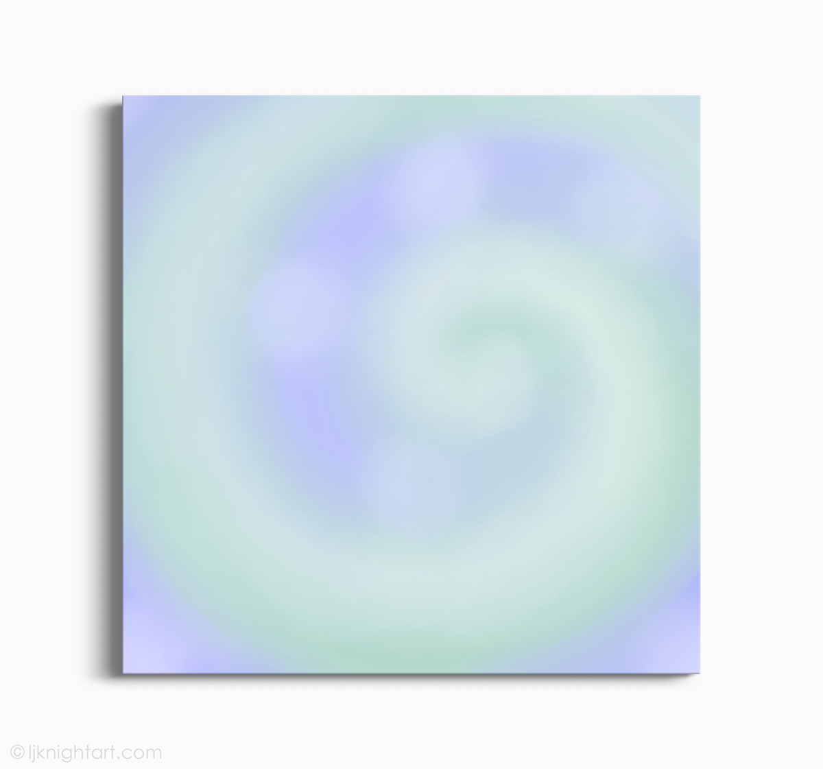 Abstract painting in lilac purple and mint green, with soft focus spiral motif and white dots, by L.J. Knight