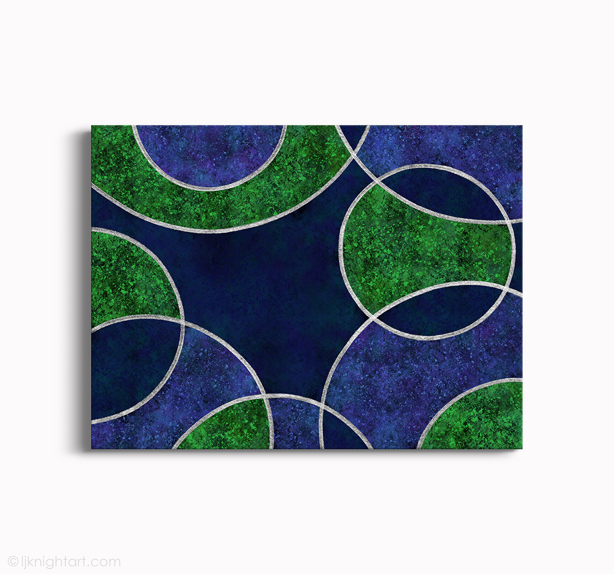 Abstract circles painting in blue and green by L.J. Knight