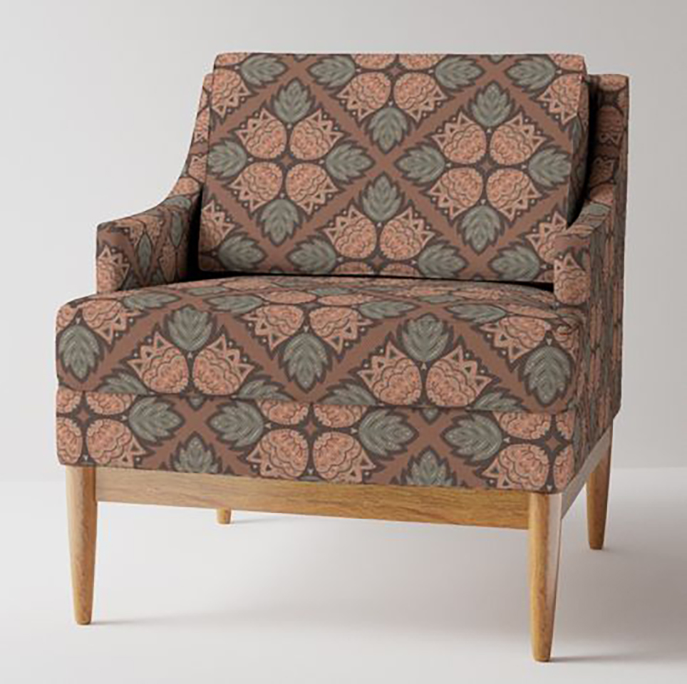 Spoonflower chair with folk art floral pattern with diamond flower motif in brown and green (Pantone Mocha Mousse), by L.J. Knight